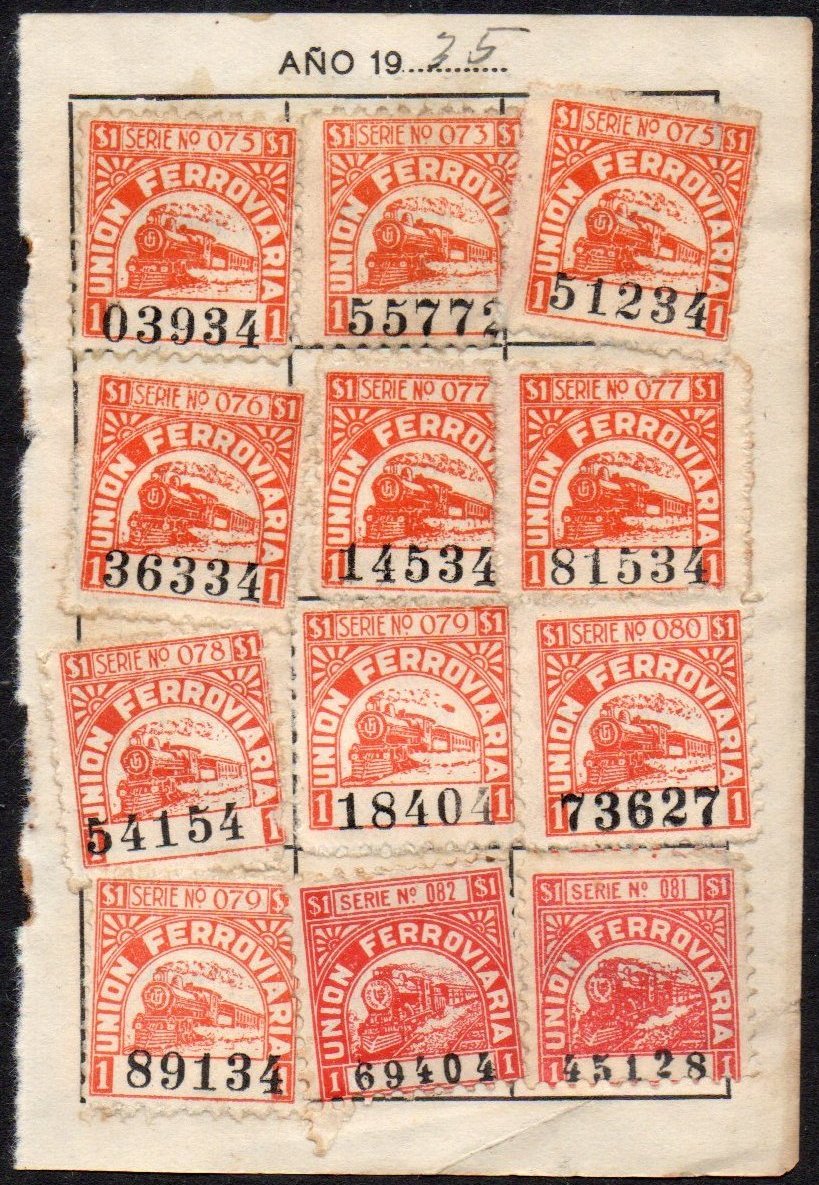 Argentina Railway Trades Unions monthly membership fee stamps 1933 and 1935 Union Ferrovia